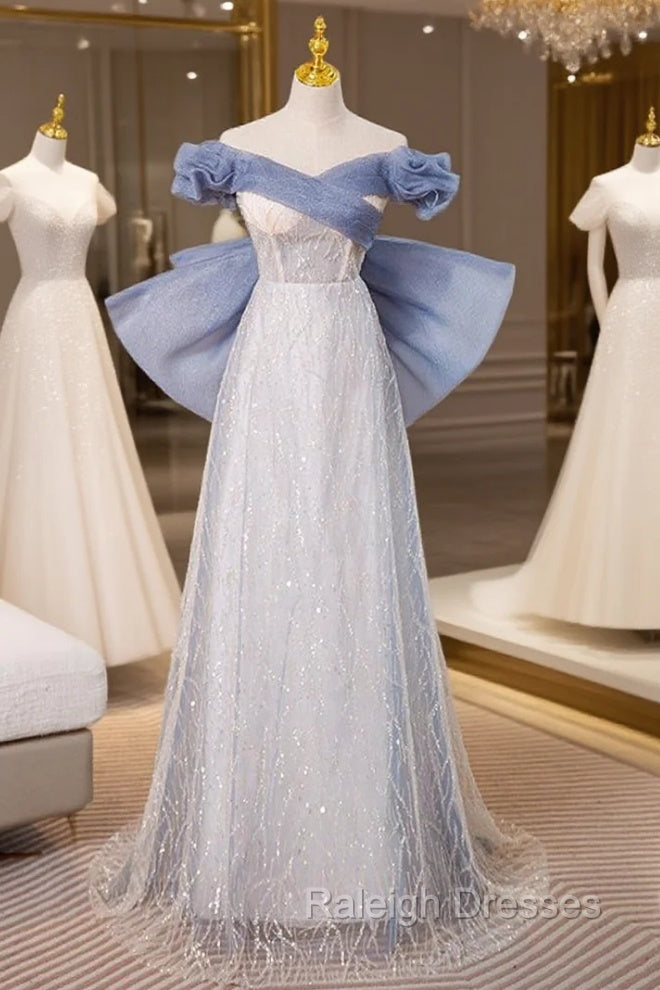 Blue Tulle Sequins Off the Shoulder Bow Prom Dresses Main image