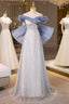 Blue Tulle Sequins Off the Shoulder Bow Prom Dresses
