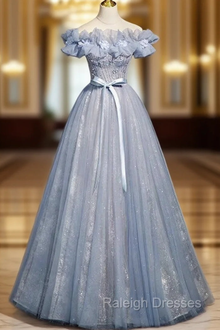 Blue Tulle Sequins Off the Shoulder Flower Beading Prom Dress Main image