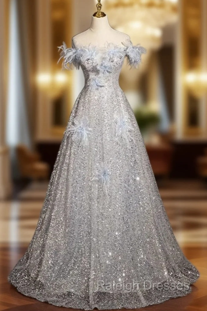 Blue Tulle Sequins Off the Shoulder Flower Prom Dress Main image