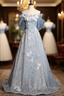 Blue Tulle Sequins Off the Shoulder Lace Flower Prom Dress