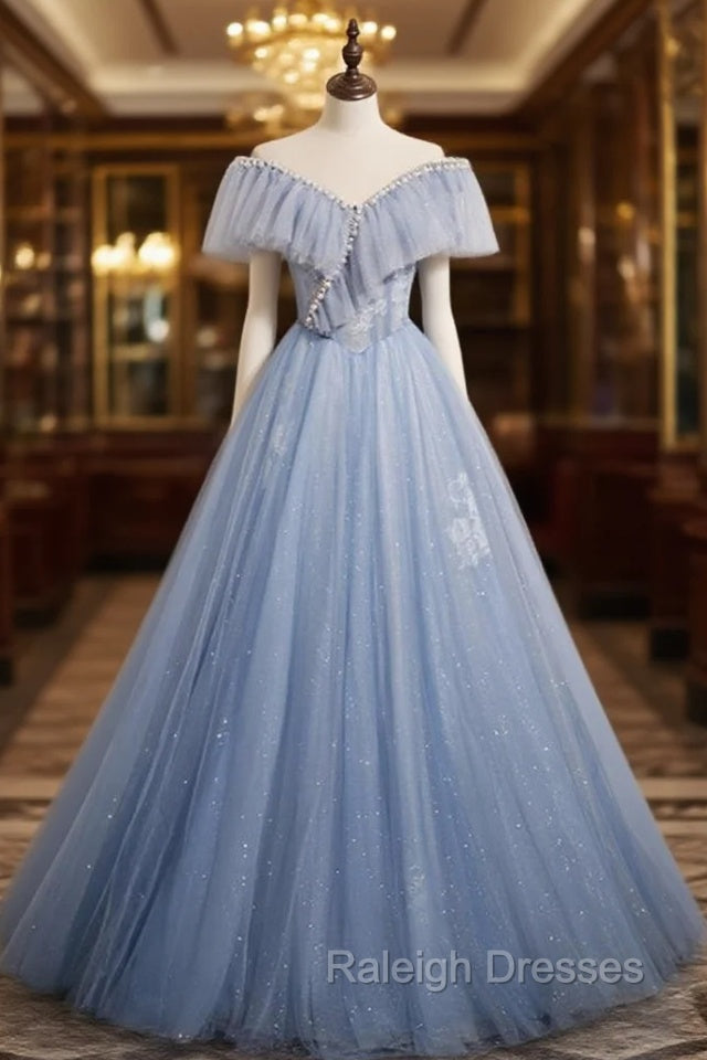 Blue Tulle Sequins Off the Shoulder Pearls Prom Dresses Main image