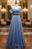 Blue Tulle Sequins Pearls Pleats Prom Dress