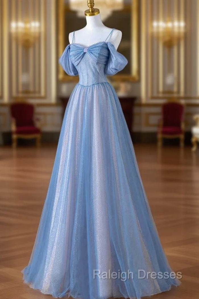 Blue Tulle Sequins Pearls Spaghetti Straps Prom Dress Main image