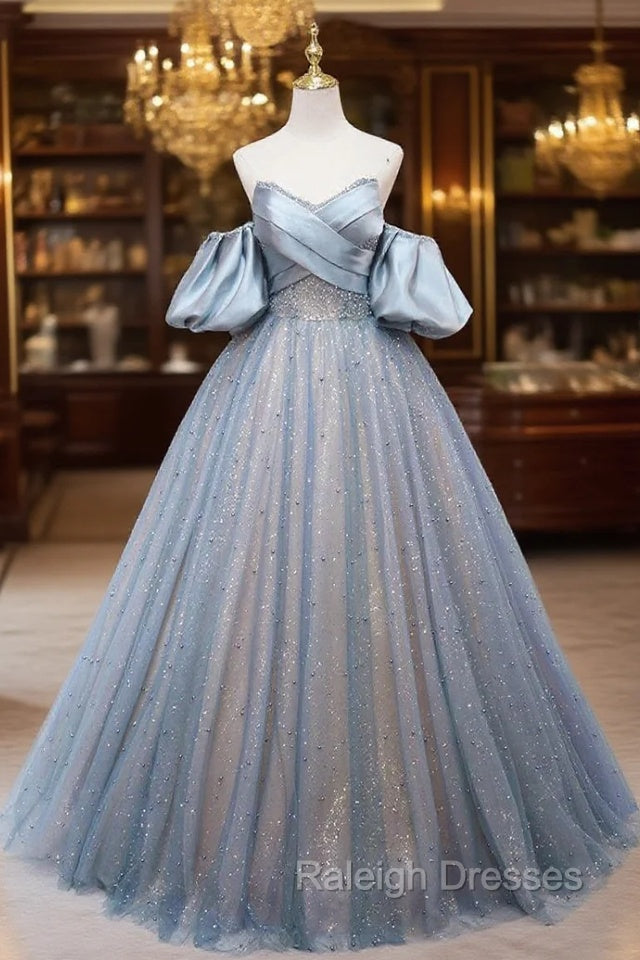 Blue Tulle Sequins Pearls Strapless Prom Dress Main image