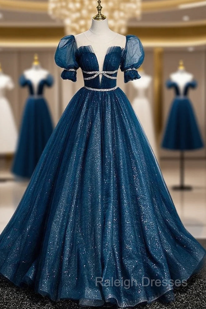 Blue Tulle Sequins Pleats Puff Sleeve Prom Dress