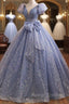 Blue Tulle Sequins Pleats Quinceanera Dresses With Bow