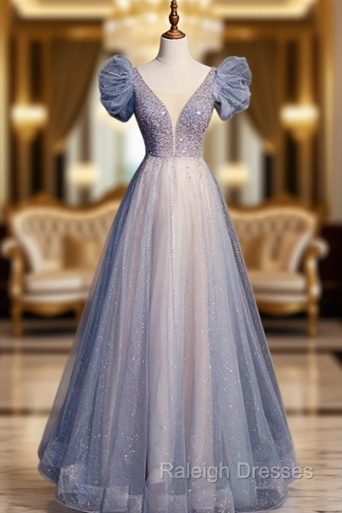 Blue Tulle Sequins Puff Beading Prom Dress Main image