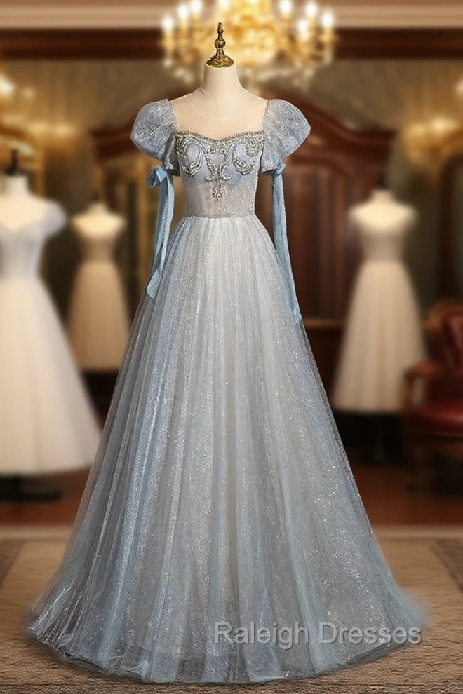 Blue Tulle Sequins Puff Sleeve Beading Prom Dress Main image