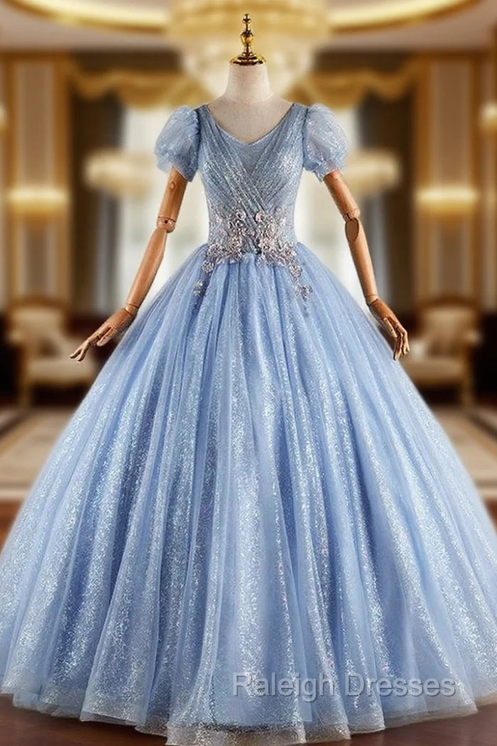 Blue Tulle Sequins Puff Sleeve Pleats Quinceanera Dress Main image