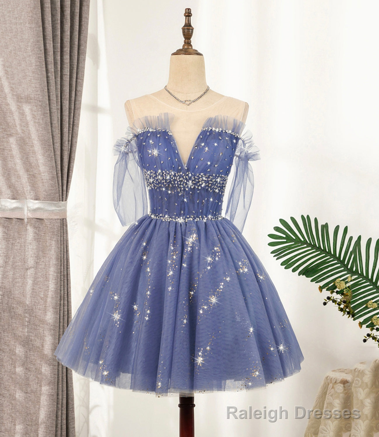 Blue Tulle Sequins Short A Line Homecoming Dress Party Dress