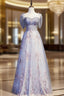 Blue Tulle Sequins Short Sleeve Beading Prom Dress