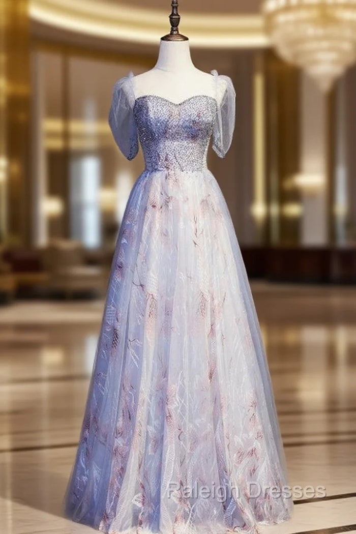 Blue Tulle Sequins Short Sleeve Beading Prom Dresses Main image
