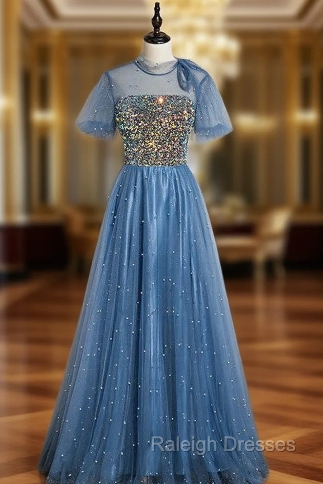 Blue Tulle Sequins Short Sleeve Open Back Prom Dresses