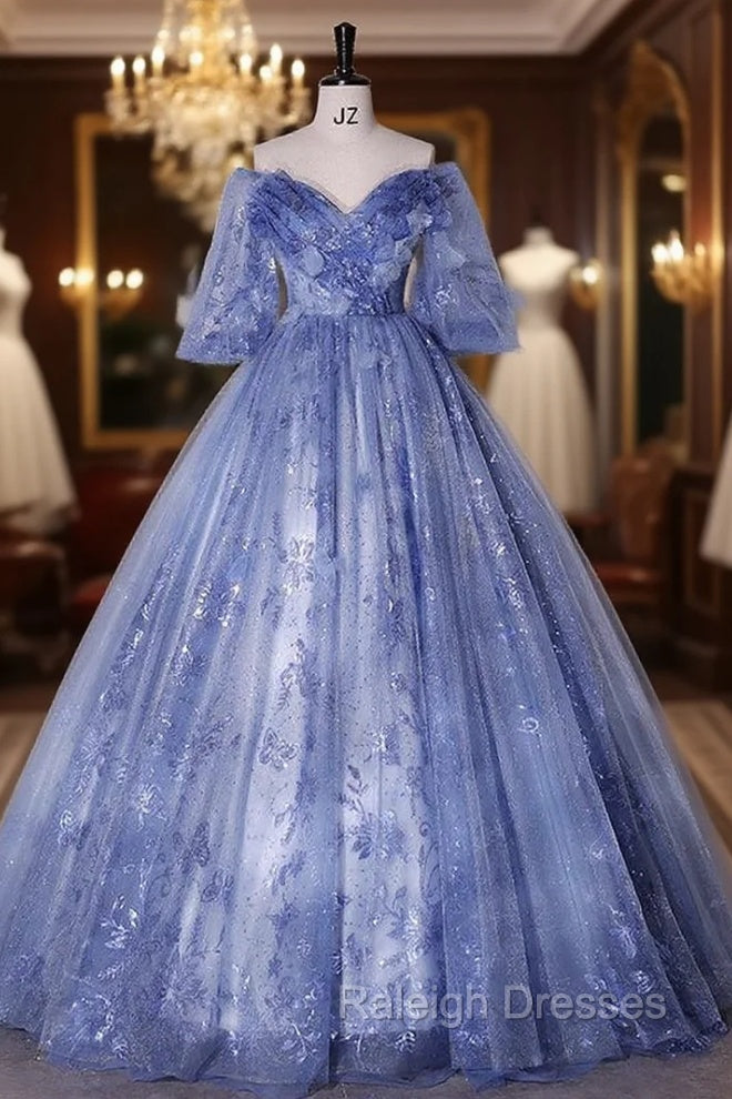 Blue Tulle Sequins Short Sleeve Quinceanera Dress