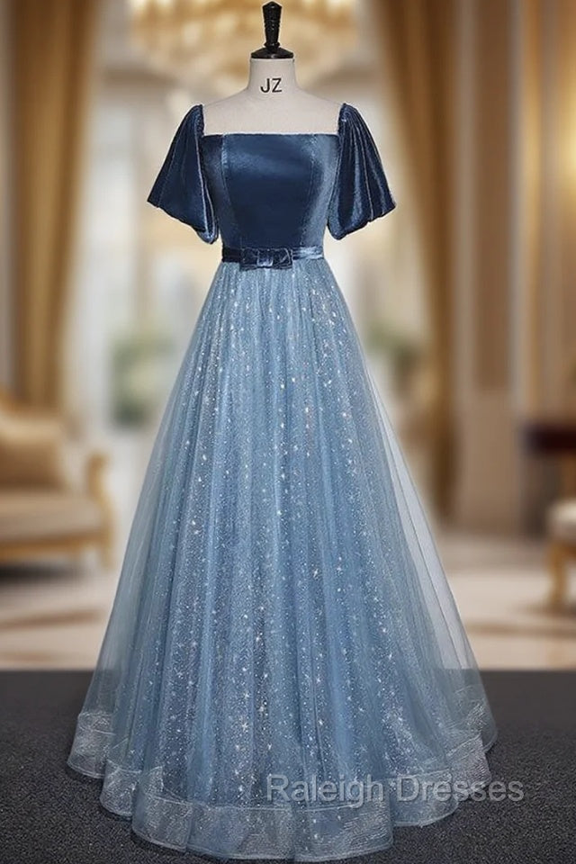 Blue Tulle Sequins Short Sleeve Velvet Prom Dress