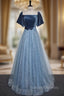Blue Tulle Sequins Short Sleeve Velvet Prom Dress