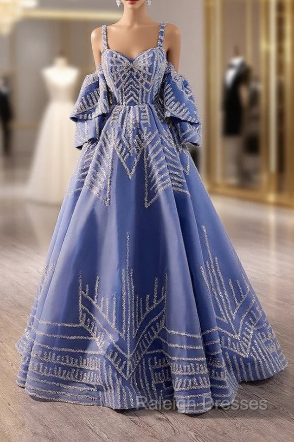 Blue Tulle Sequins Spagehtti Straps Prom Dress