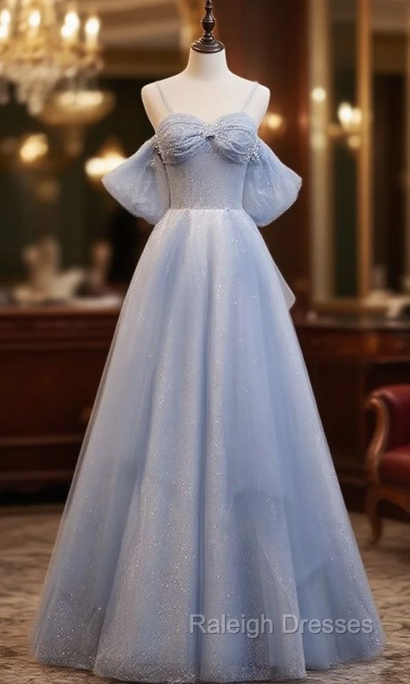 Blue Tulle Sequins Spaghetti Straps Beading Prom Dress Main image