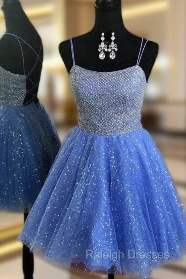 Blue Tulle Sequins Spaghetti Straps Homecoming Dress Main image