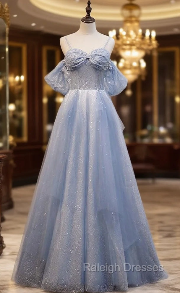 Blue Tulle Sequins Spaghetti Straps Prom Dress