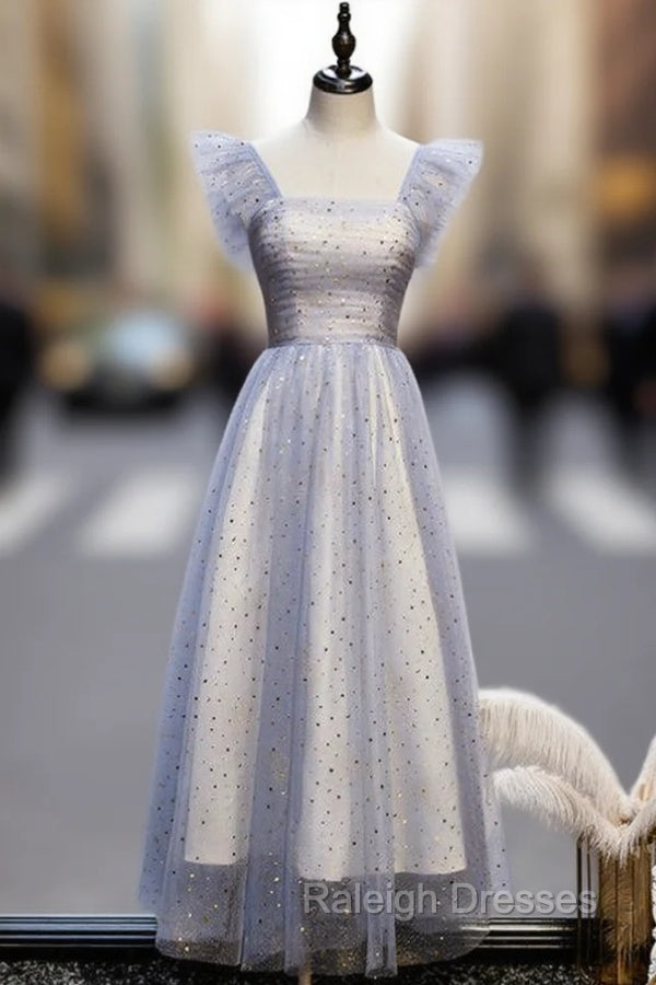 Blue Tulle Sequins Square Ankle Length Prom Dress