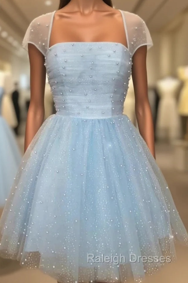 Blue Tulle Sequins Square Pearls Homecoming Dress