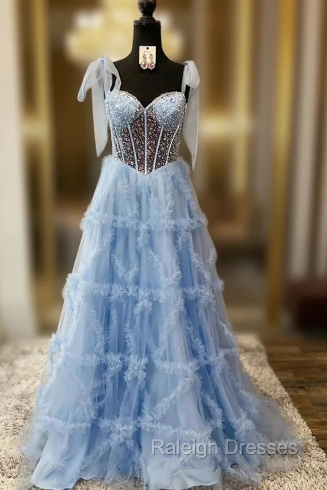 Blue Tulle Sequins Straples Prom Dress Main image