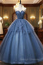 Blue Tulle Sequins Strapless Beading Quinceanera Dress