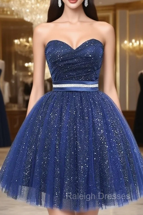 Blue Tulle Sequins Strapless Homecoming Dress