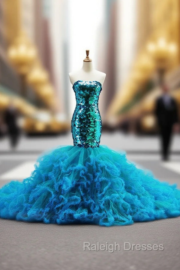 Blue Tulle Sequins Strapless Mermaid Trailing Wedding Dress Main image