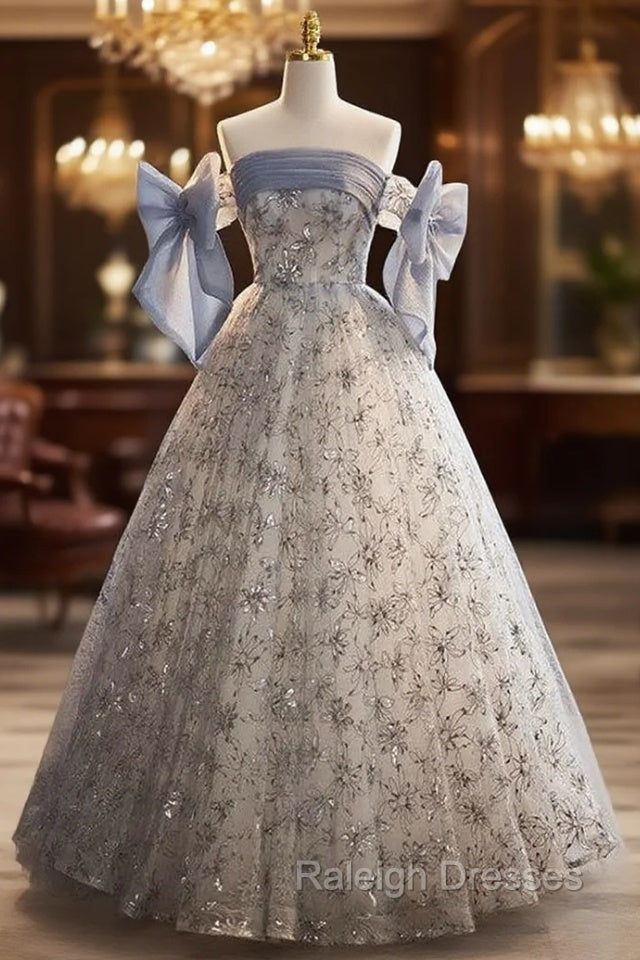 Blue Tulle Sequins Strapless Prom Dress