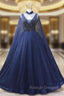 Blue Tulle Sequins V-neck Beading Prom Dress