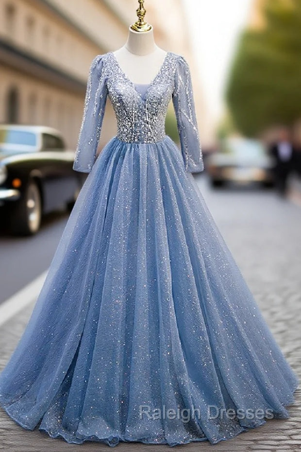 Blue Tulle Sequins V-neck Long Sleeve Beading Prom Dress