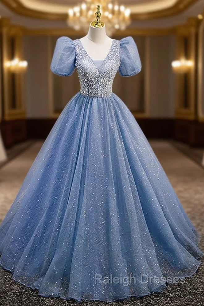 Blue Tulle Sequins V-neck Puff Sleeve Beading Sequins Prom Dress Main image