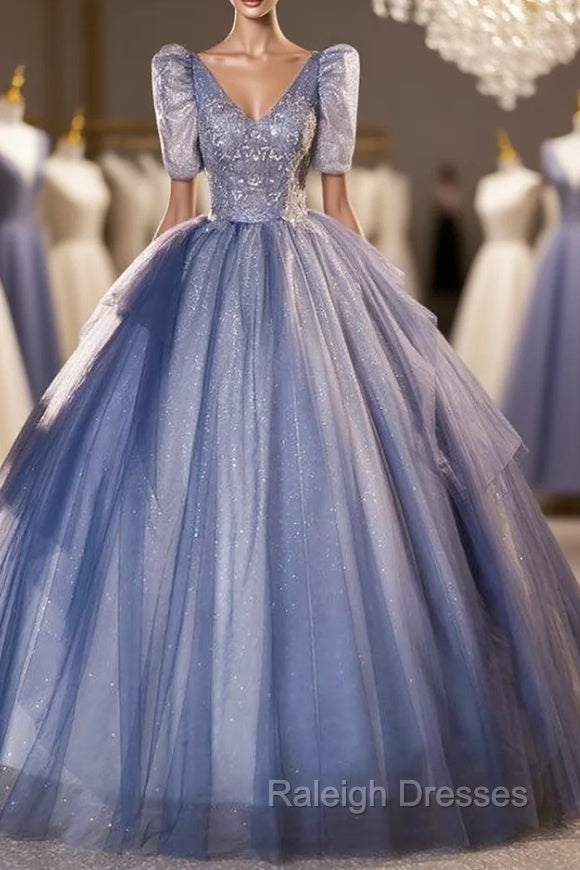 Blue Tulle Sequins V-neck Short Sleeve Quinceanera Dress Main image
