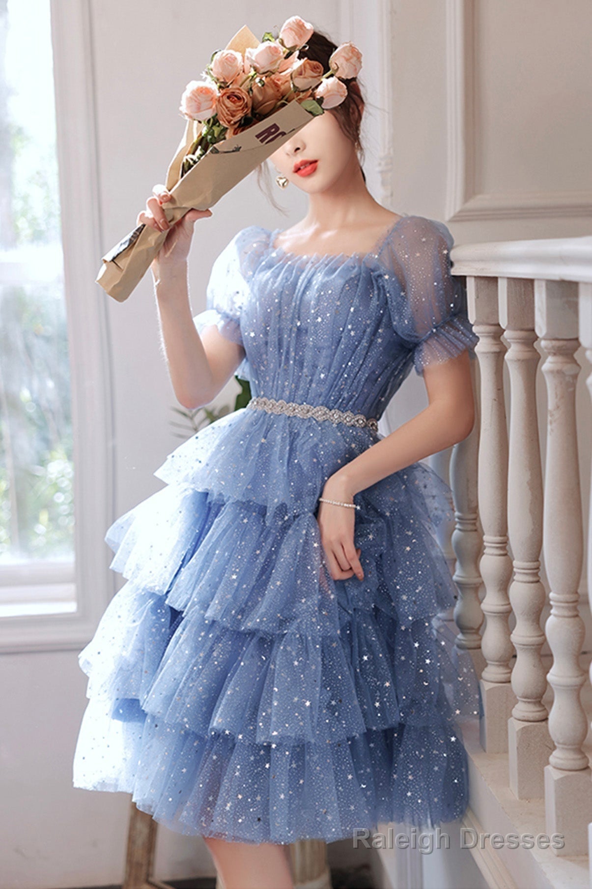 Blue Tulle Short A-Line Prom Dress Blue Mini Prom Dress