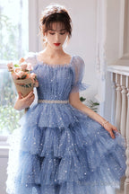 Blue Tulle Short A-Line Prom Dresses, Blue Mini Party Dresses