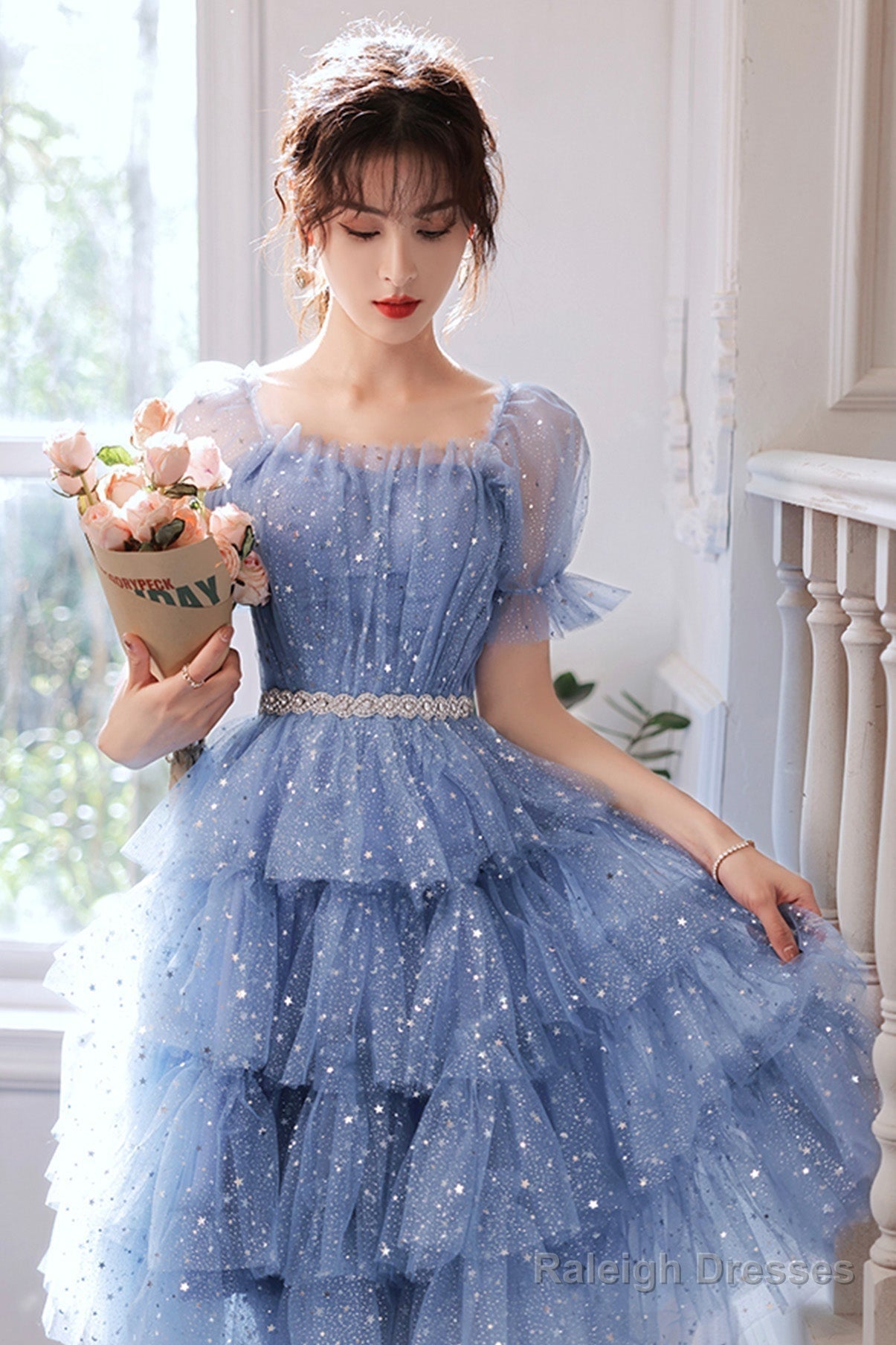 Blue Tulle Short A-Line Prom Dresses, Blue Mini Party Dresses