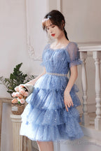 Blue Tulle Short A-Line Prom Dresses, Blue Mini Party Dresses