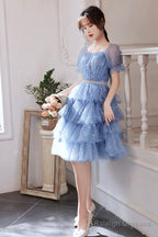 Blue Tulle Short A-Line Prom Dresses, Blue Mini Party Dresses