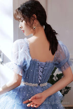 Blue Tulle Short A-Line Prom Dress Blue Mini Prom Dress