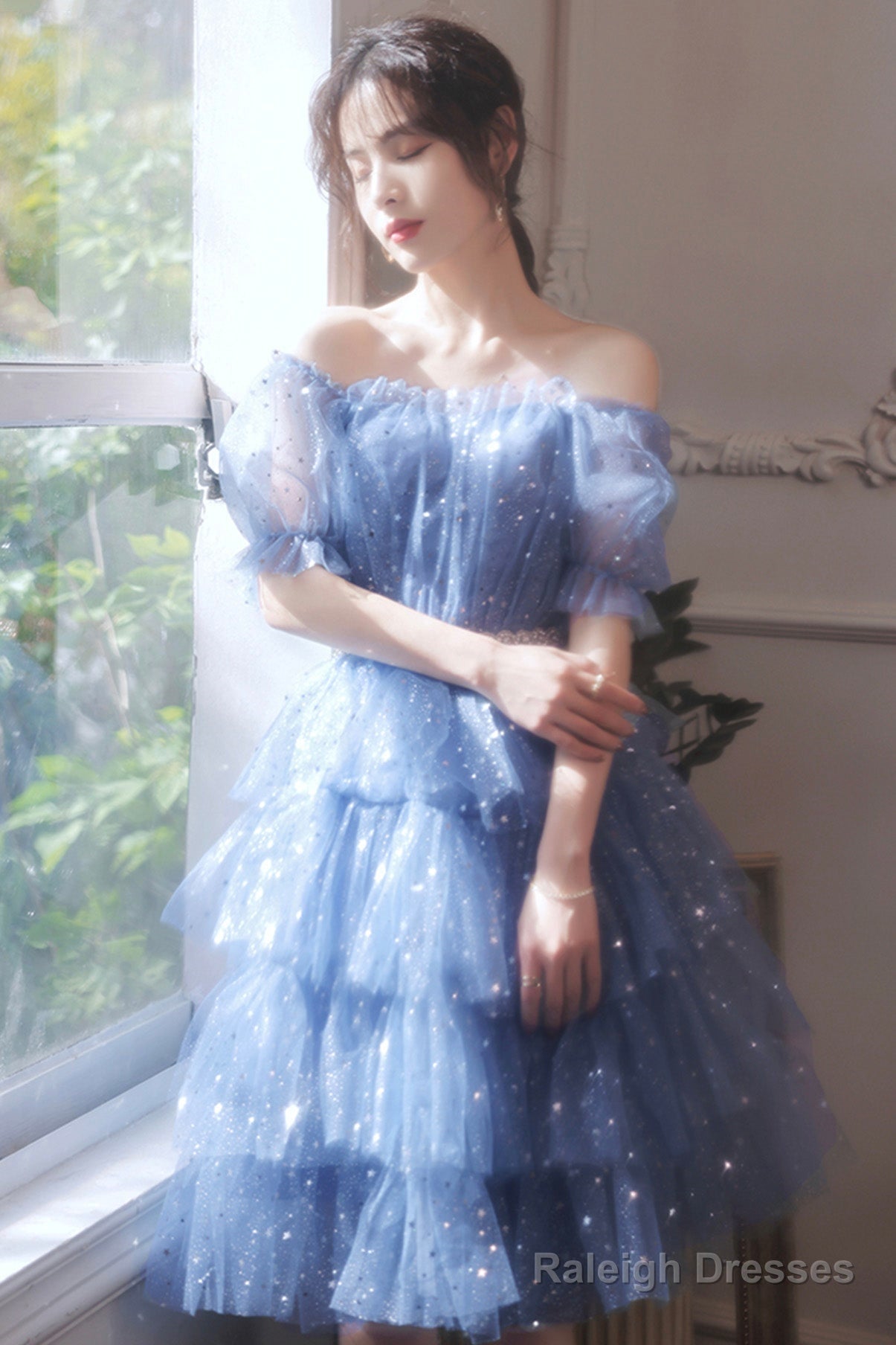 Blue Tulle Short A-Line Prom Dresses, Blue Mini Party Dresses