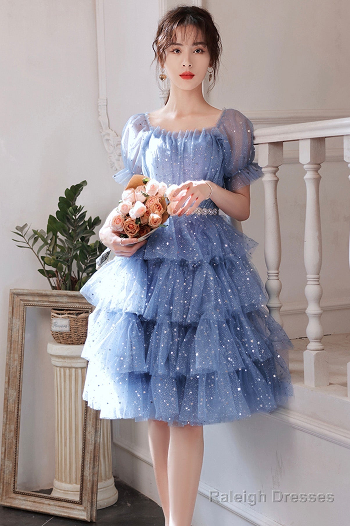 Blue Tulle Short A-Line Prom Dress Blue Mini Prom Dress Main image