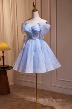 Blue Tulle Short Party Dress, Lovely A-Line Off Shoulder Prom Dress