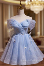 Blue Tulle Short Party Dress, Lovely A-Line Off Shoulder Prom Dress