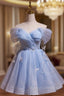 Blue Tulle Short Party Dress, Lovely A-Line Off Shoulder Prom Dress