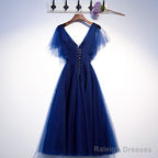 Blue Tulle Short Party Dress With Lace Applique, Blue Formal Dress Prom Dresses