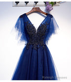 Blue Tulle Short Prom Dresses With Lace Applique Blue Prom Dresses