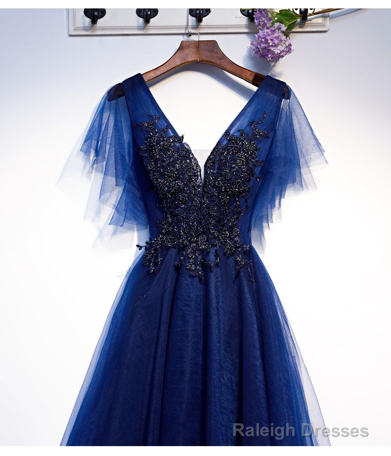 Blue Tulle Short Prom Dresses With Lace Applique Blue Prom Dresses